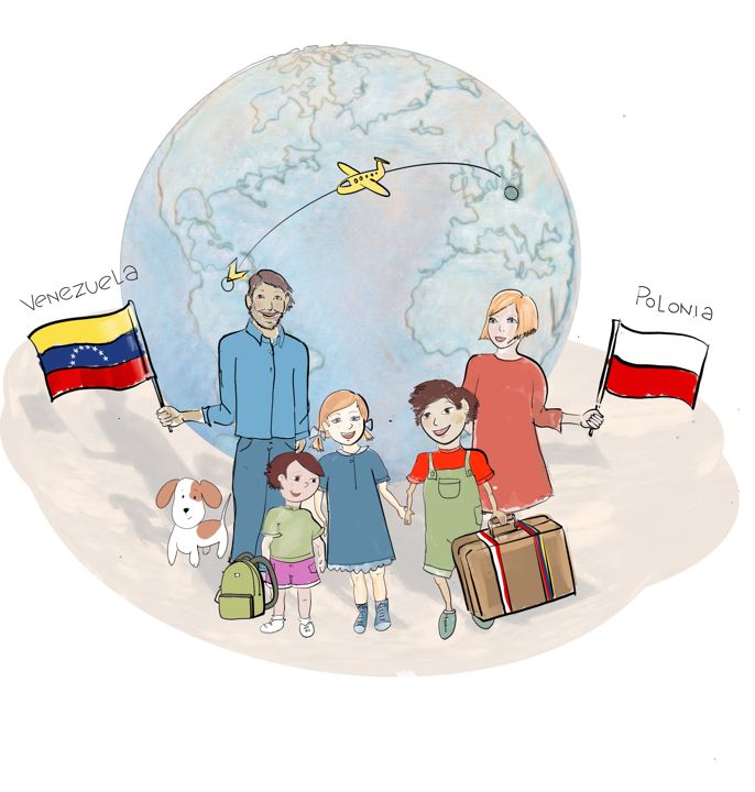 Illustration for the audio story: a family holding the flags of Venezuela and Poland in front of a globe